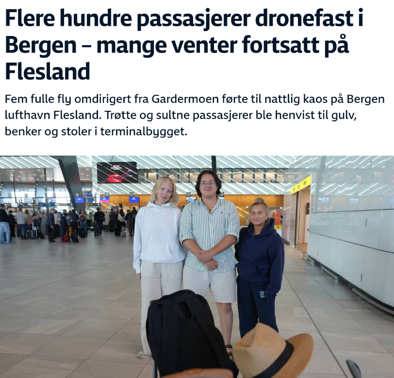 Several hundred passengers stuck in Bergen due to delayed flights caused by drone sightings in Oslo. Courtesy of NRK [2].